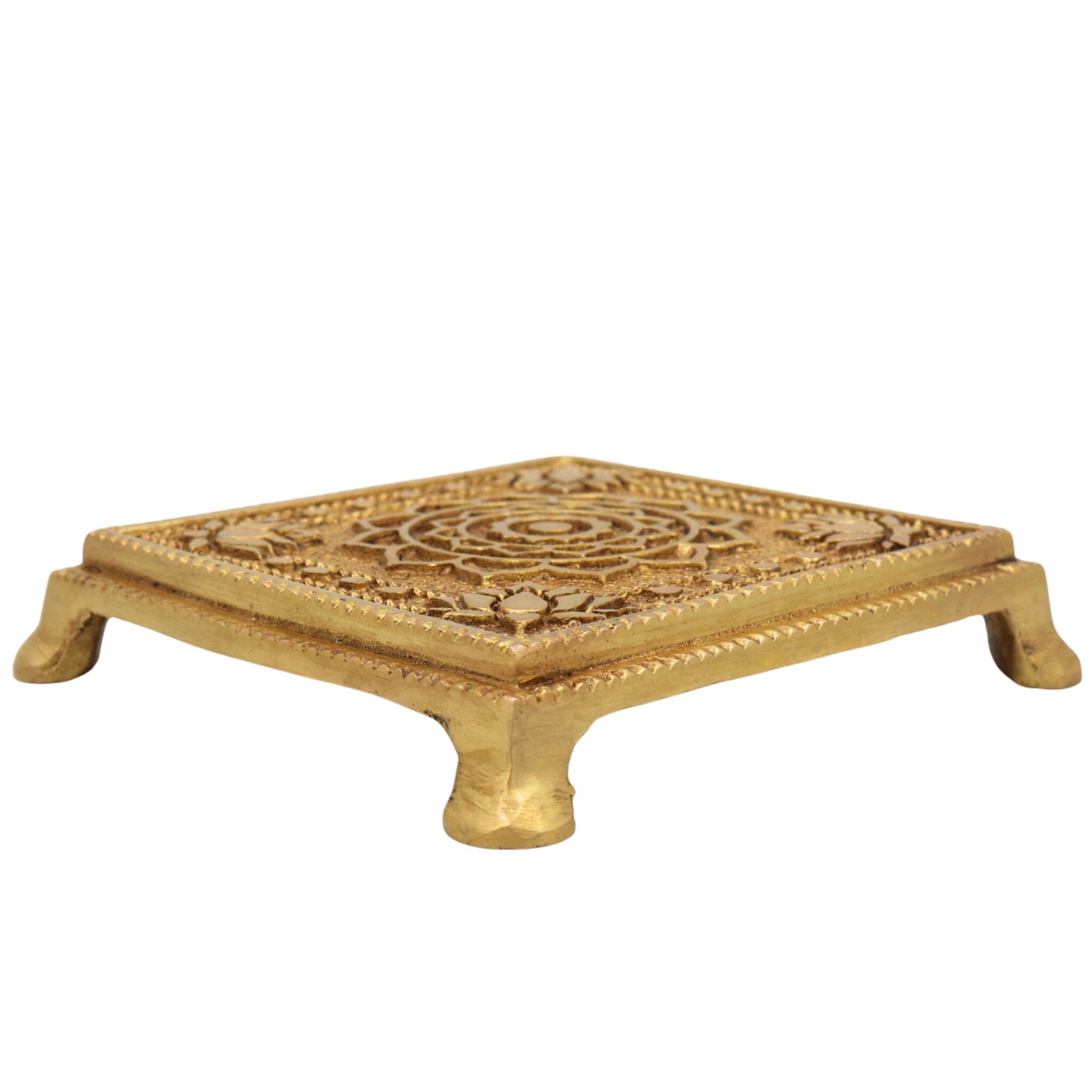 Brass Chowki, Handmade Pooja Platform, Spiritual Bajot Temple & Home Decor, Gold, 4 Inch, 1 Piece