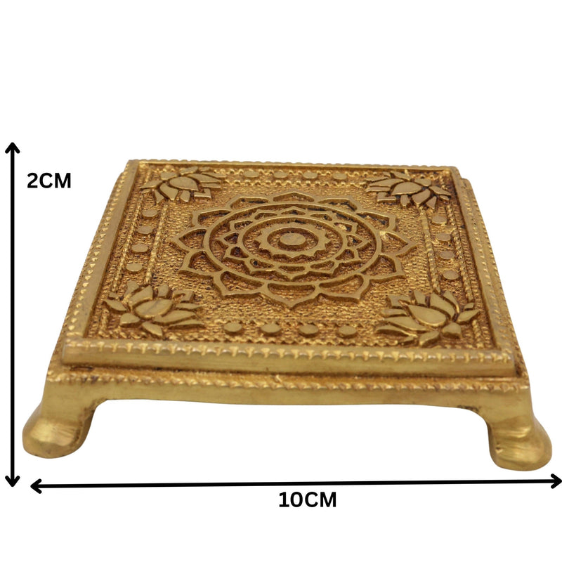 Brass Chowki, Handmade Pooja Platform, Spiritual Bajot Temple & Home Decor, Gold, 4 Inch, 1 Piece