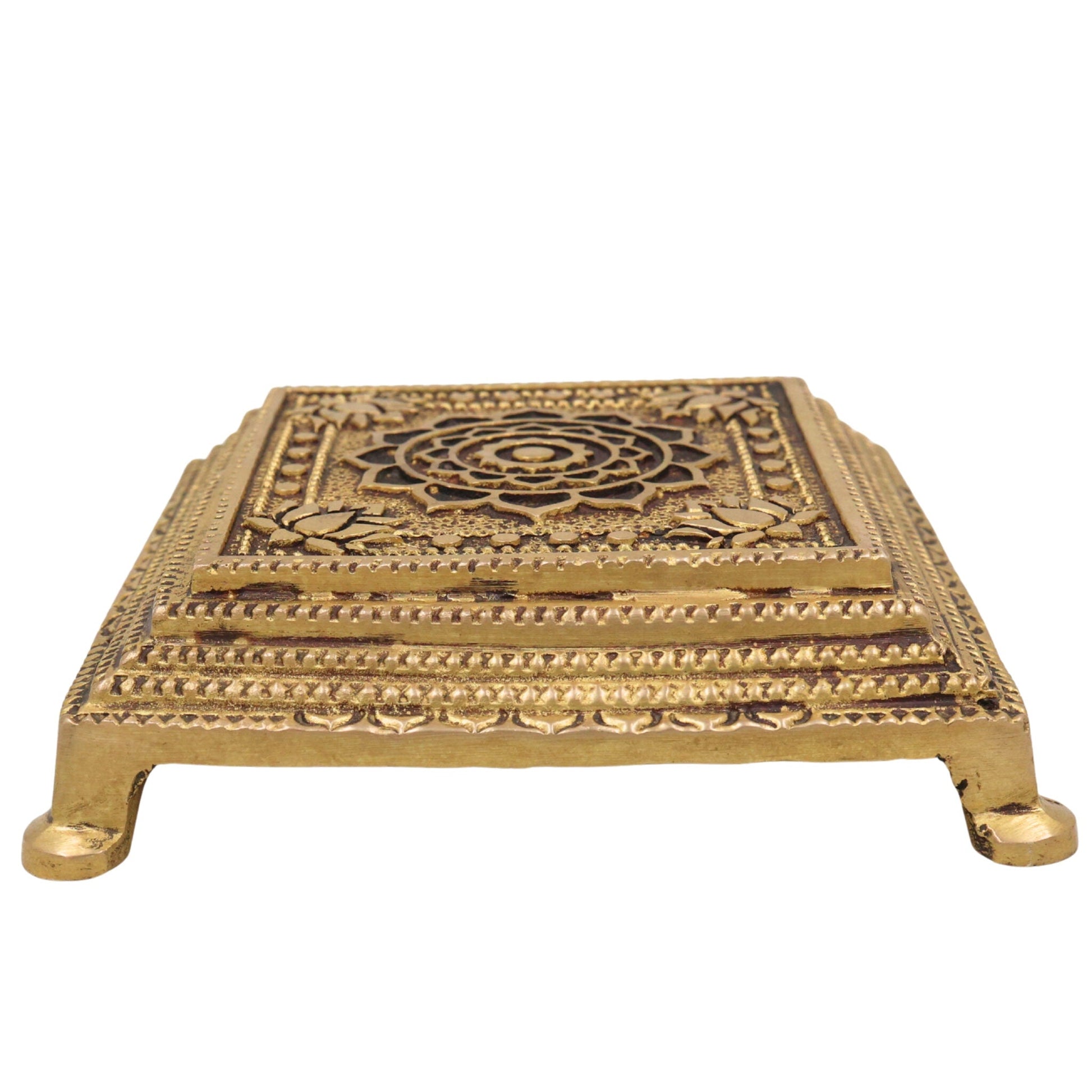 Brass Chowki Idol for Puja, Handcrafted Mandir Chowki, Laxmi Ganesh Durga Vishnu Pooja Pedestal, Gold, 5 Inch, 1 Piece
