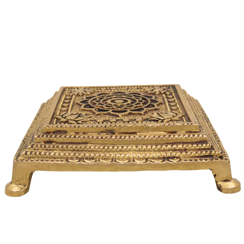 Brass Chowki Idol for Puja, Handcrafted Mandir Chowki, Laxmi Ganesh Durga Vishnu Pooja Pedestal, Gold, 5 Inch, 1 Piece