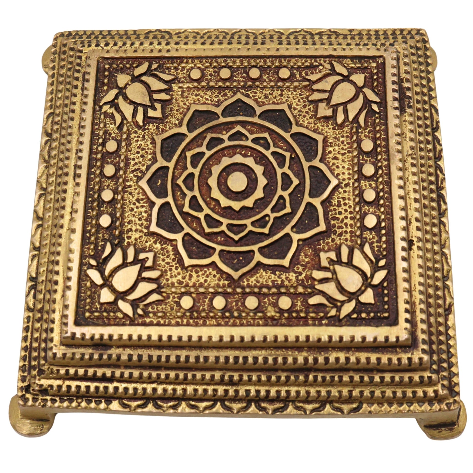 Brass Chowki Idol for Puja, Handcrafted Mandir Chowki, Laxmi Ganesh Durga Vishnu Pooja Pedestal, Gold, 5 Inch, 1 Piece