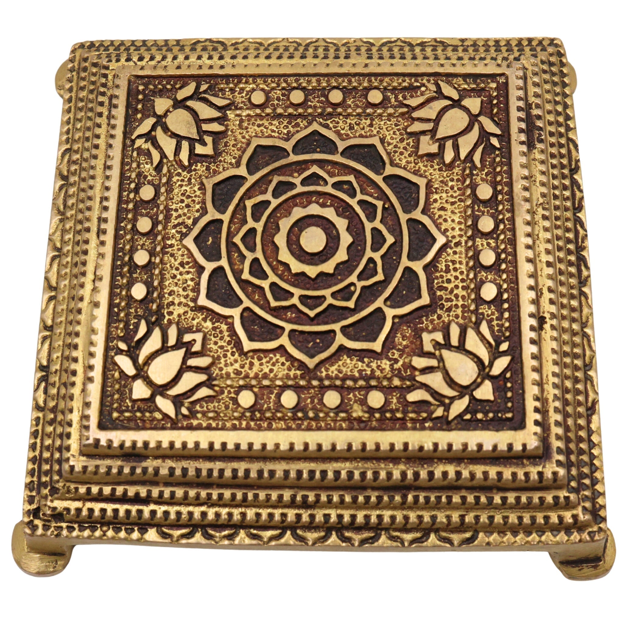Brass Chowki Idol for Puja, Handcrafted Mandir Chowki, Laxmi Ganesh Durga Vishnu Pooja Pedestal, Gold, 5 Inch, 1 Piece