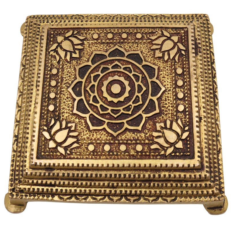 Brass Chowki Idol for Puja, Handcrafted Mandir Chowki, Laxmi Ganesh Durga Vishnu Pooja Pedestal, Gold, 5 Inch, 1 Piece