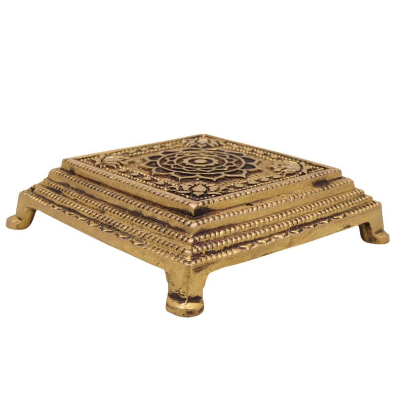 Brass Chowki Idol for Puja, Handcrafted Mandir Chowki, Laxmi Ganesh Durga Vishnu Pooja Pedestal, Gold, 5 Inch, 1 Piece