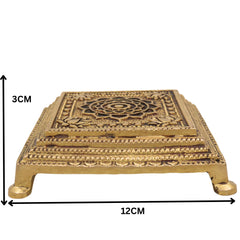 Brass Chowki Idol for Puja, Handcrafted Mandir Chowki, Laxmi Ganesh Durga Vishnu Pooja Pedestal, Gold, 5 Inch, 1 Piece