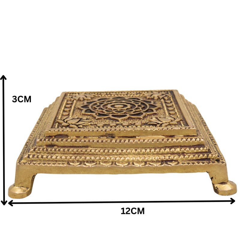 Brass Chowki Idol for Puja, Handcrafted Mandir Chowki, Laxmi Ganesh Durga Vishnu Pooja Pedestal, Gold, 5 Inch, 1 Piece