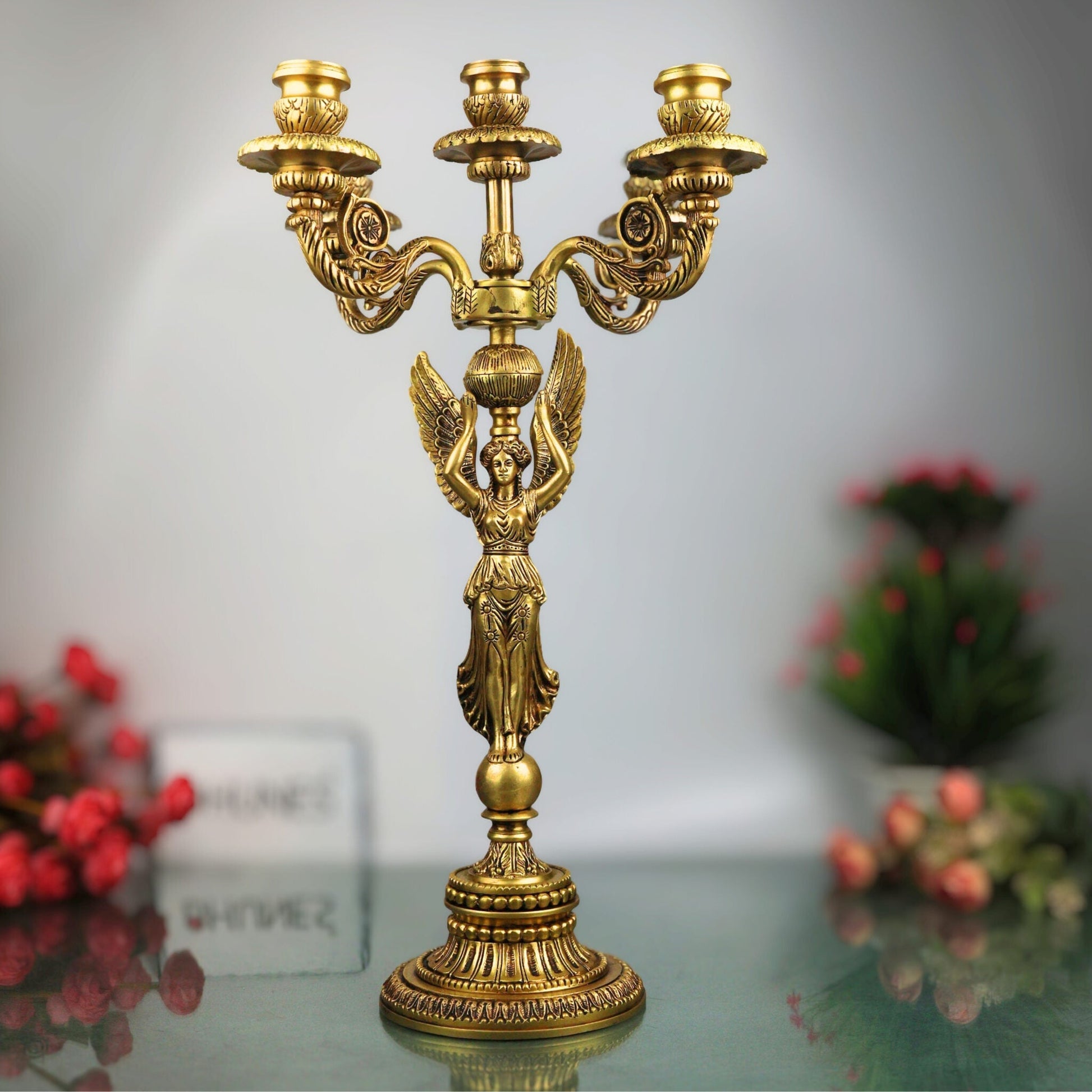 Brass Candle Holder Stand | Antique Deepam Stand & Decorative Lamp for Temple, Home & Festive Decor, Gold, 19.5 Inch, 1 Piece