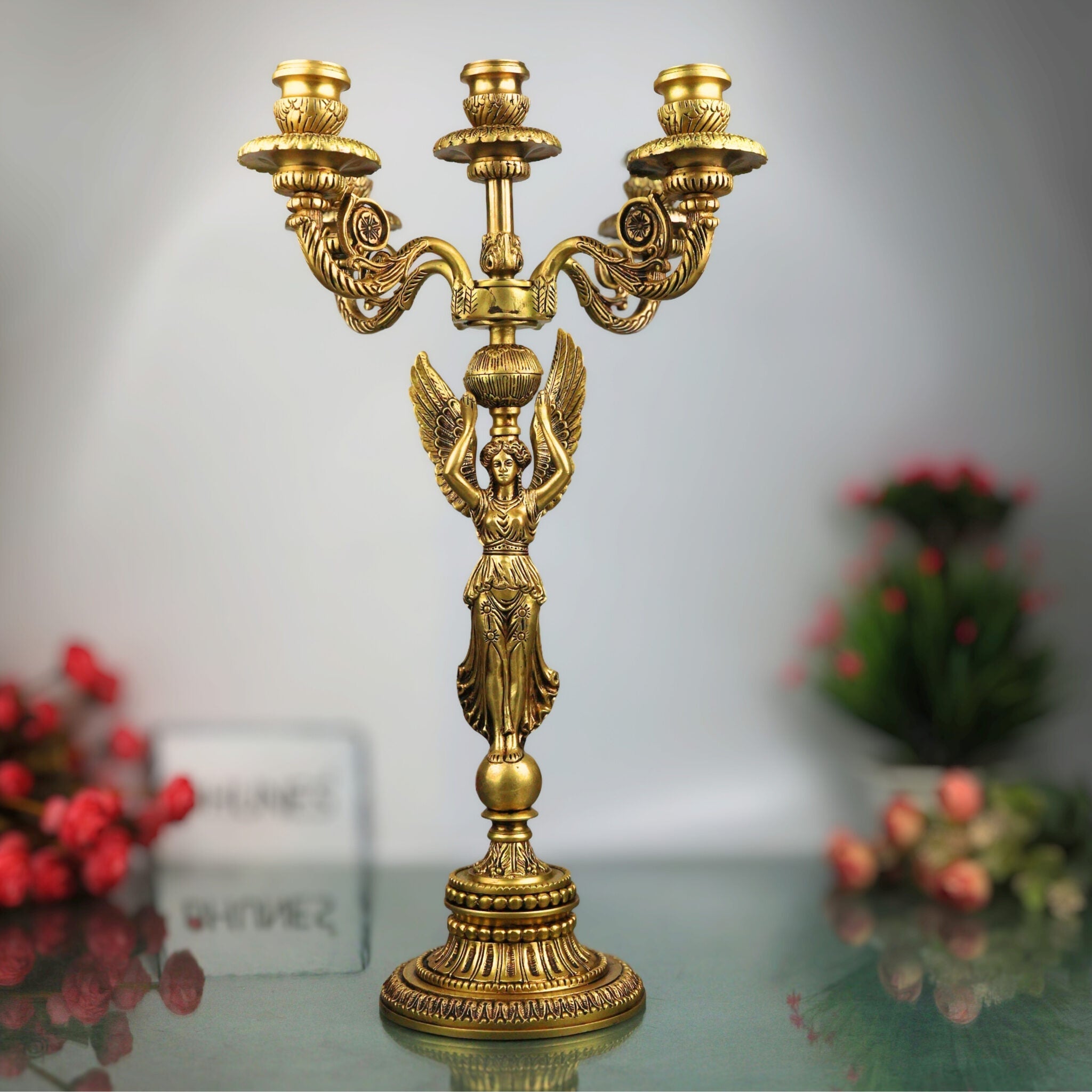Brass Candle Holder Stand | Antique Deepam Stand & Decorative Lamp for Temple, Home & Festive Decor, Gold, 19.5 Inch, 1 Piece