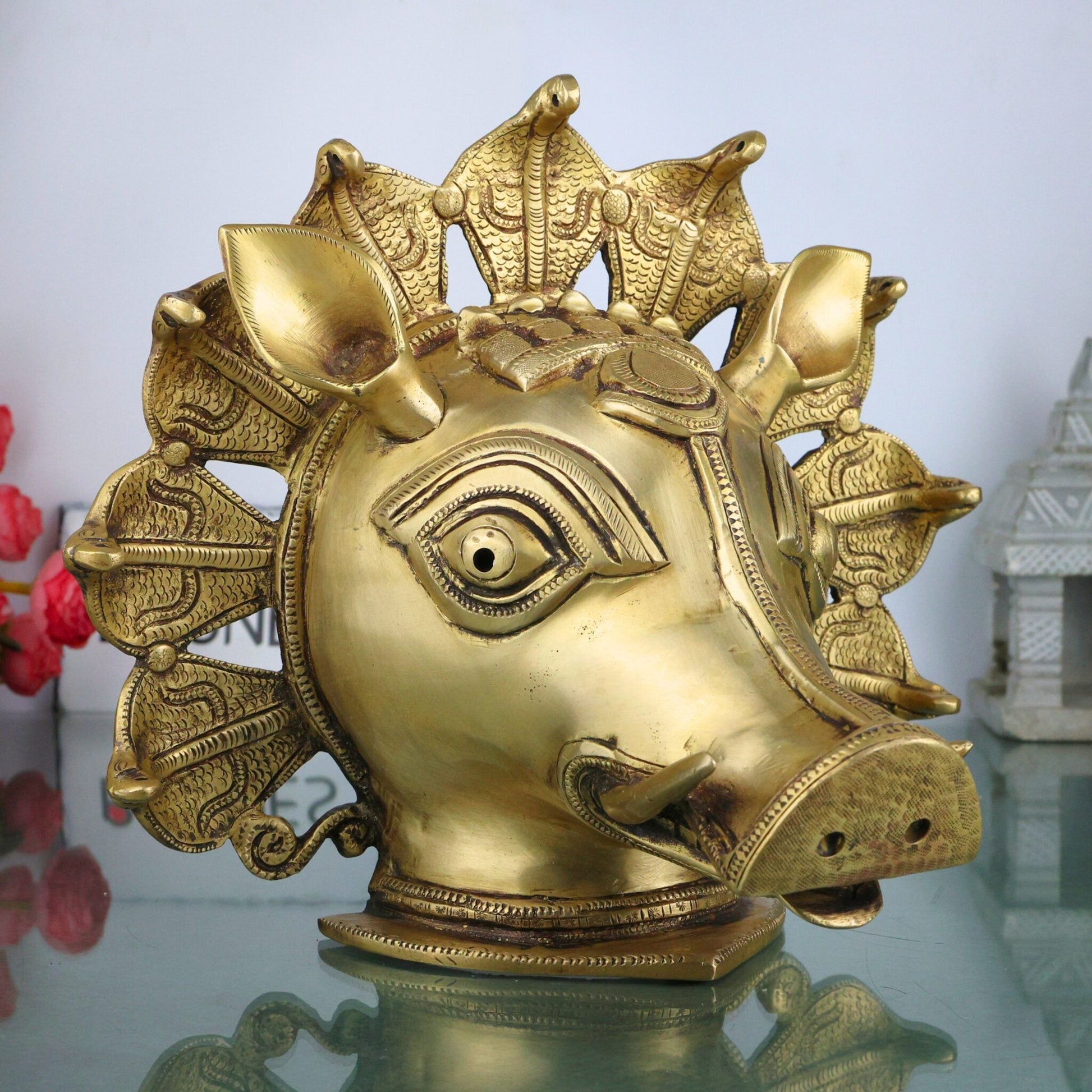 Brass Varaha Face Idol | Lord Vishnu Varaha Avatar Wall Hanging Sculpture for Temple & Home Decor, Gold, 9.5 Inch, 1 Piece