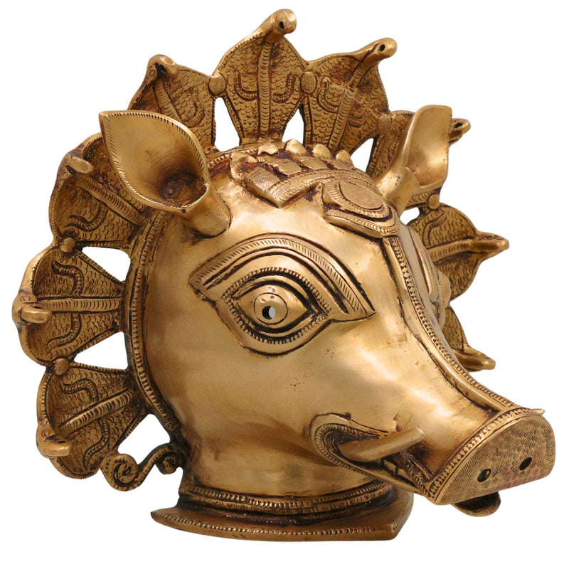 Brass Varaha Face Idol | Lord Vishnu Varaha Avatar Wall Hanging Sculpture for Temple & Home Decor, Gold, 9.5 Inch, 1 Piece