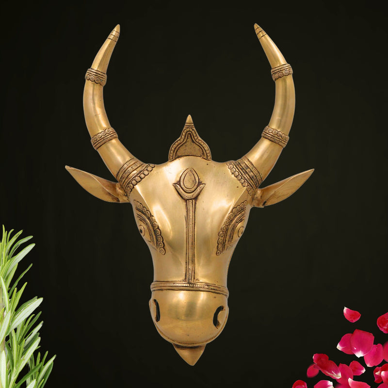 Brass Nandi Bull Face Idol | Handmade Vrishabha Wall Hanging Basava Head Sculpture for Temple & Home Decor, Gold, 17 Inch, 1 Piece