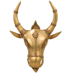 Brass Nandi Bull Face Idol | Handmade Vrishabha Wall Hanging Basava Head Sculpture for Temple & Home Decor, Gold, 17 Inch, 1 Piece