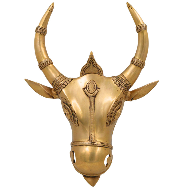 Brass Nandi Bull Face Idol | Handmade Vrishabha Wall Hanging Basava Head Sculpture for Temple & Home Decor, Gold, 17 Inch, 1 Piece