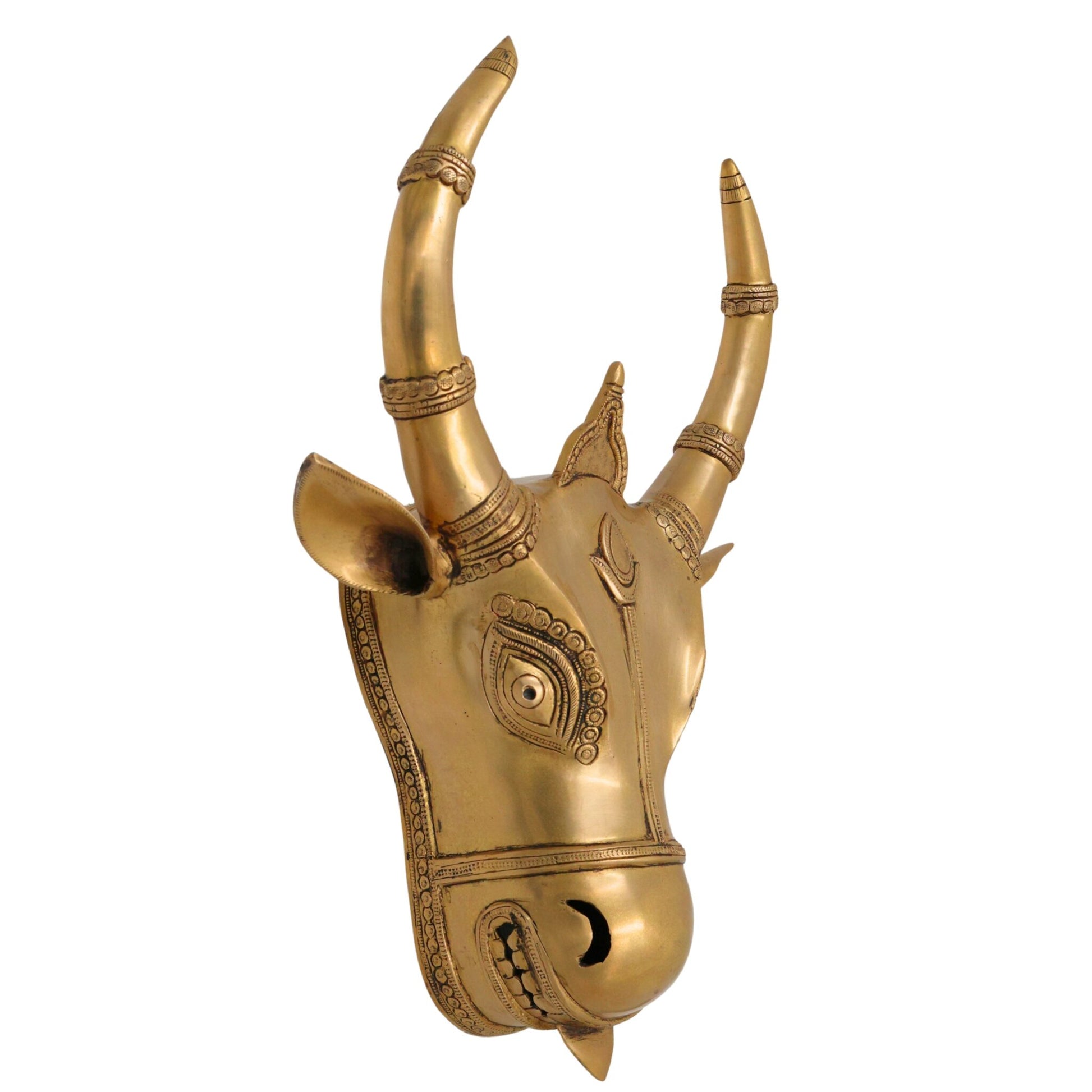 Brass Nandi Bull Face Idol | Handmade Vrishabha Wall Hanging Basava Head Sculpture for Temple & Home Decor, Gold, 17 Inch, 1 Piece