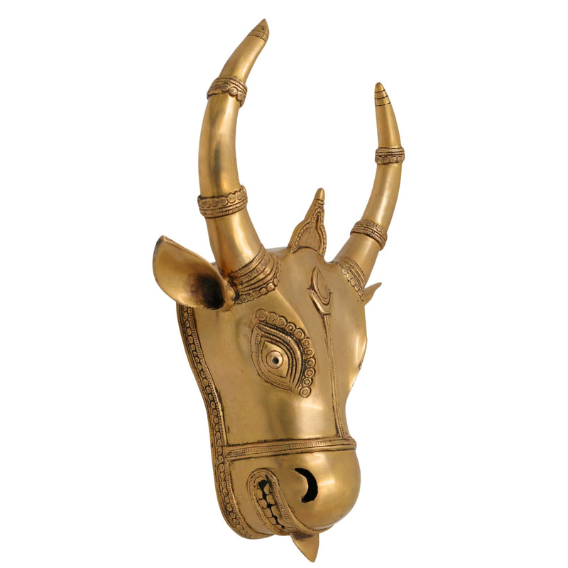 Brass Nandi Bull Face Idol | Handmade Vrishabha Wall Hanging Basava Head Sculpture for Temple & Home Decor, Gold, 17 Inch, 1 Piece
