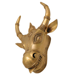 Brass Nandi Bull Face Idol | Handmade Vrishabha Wall Hanging Basava Head Sculpture for Temple & Home Decor, Gold, 17 Inch, 1 Piece