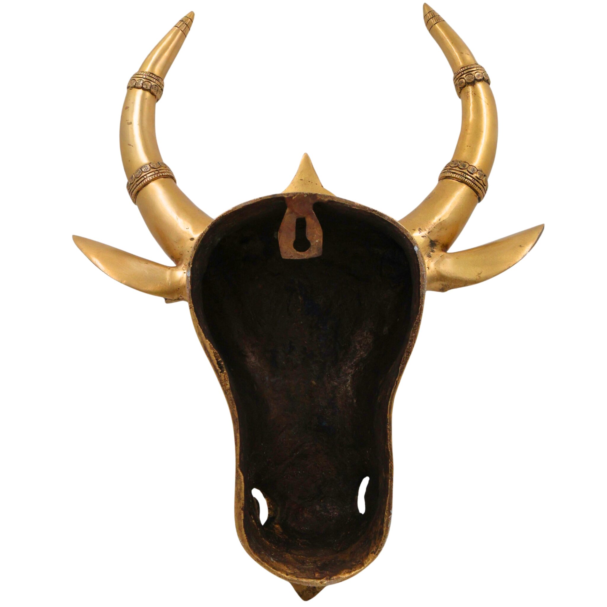 Brass Nandi Bull Face Idol | Handmade Vrishabha Wall Hanging Basava Head Sculpture for Temple & Home Decor, Gold, 17 Inch, 1 Piece