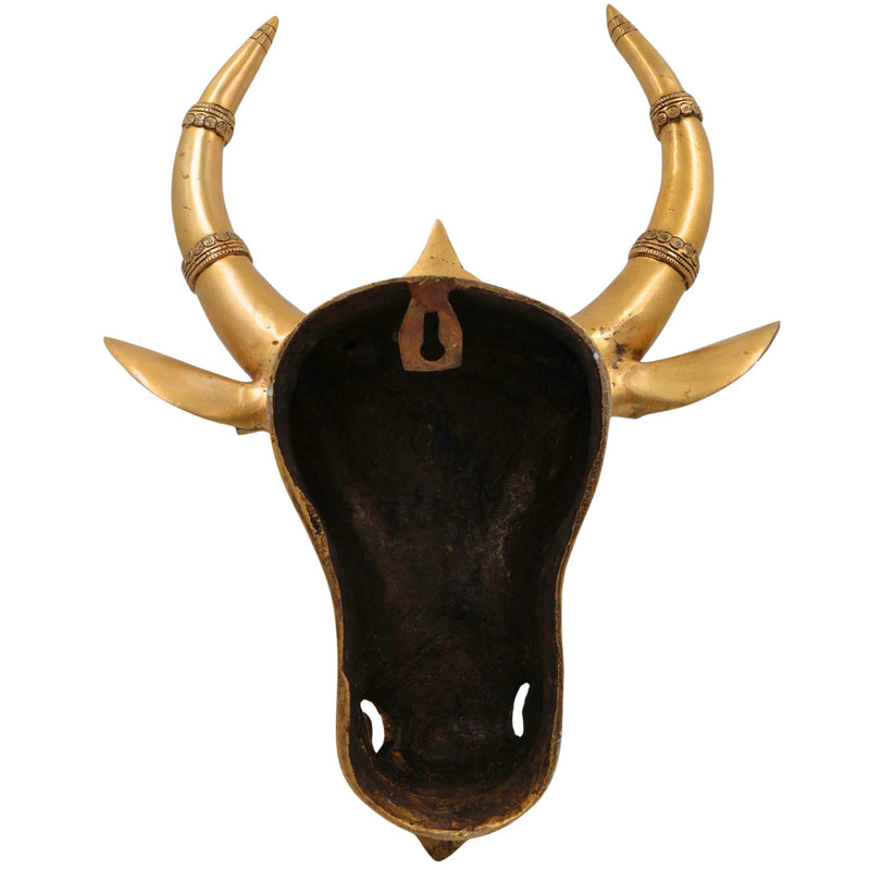 Brass Nandi Bull Face Idol | Handmade Vrishabha Wall Hanging Basava Head Sculpture for Temple & Home Decor, Gold, 17 Inch, 1 Piece