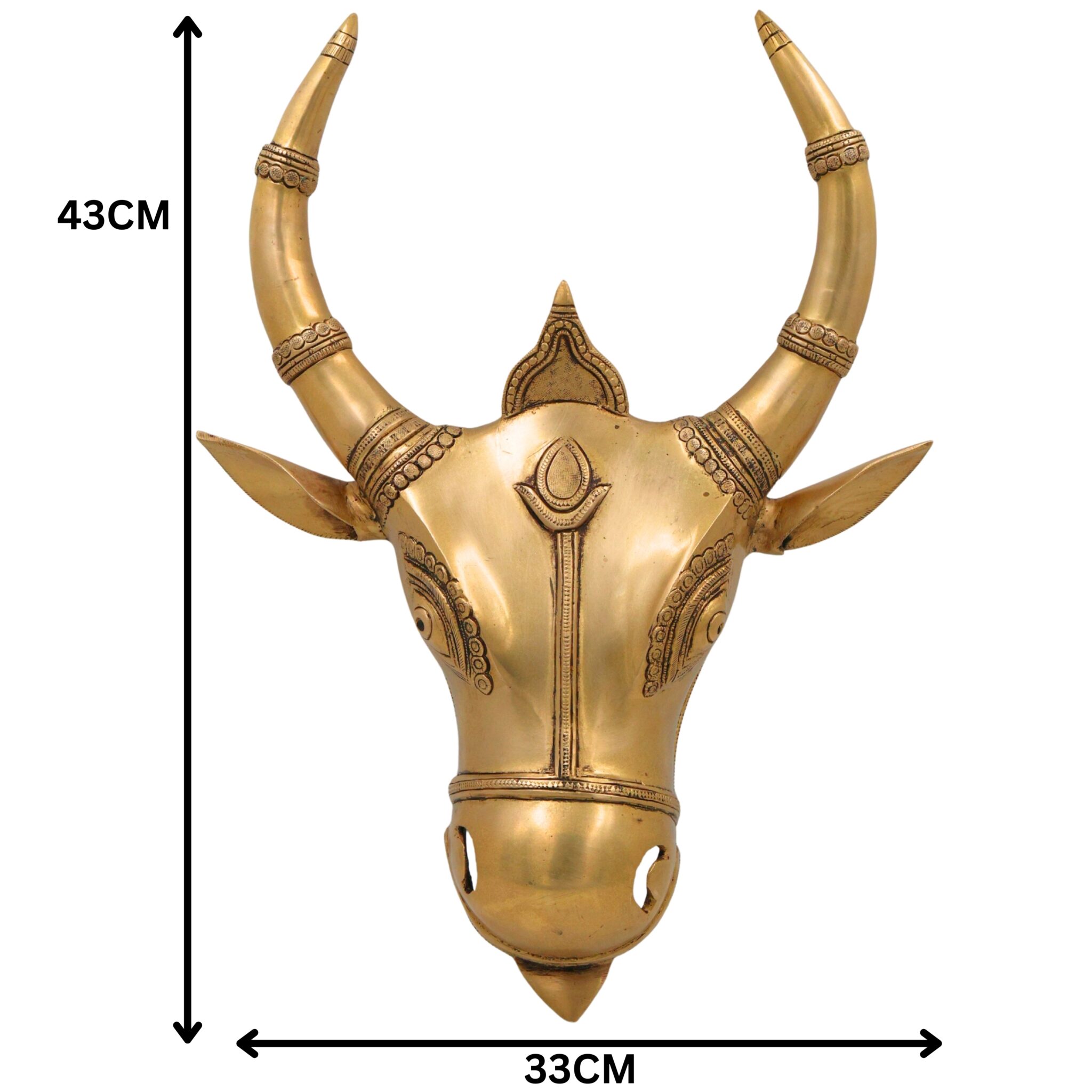 Brass Nandi Bull Face Idol | Handmade Vrishabha Wall Hanging Basava Head Sculpture for Temple & Home Decor, Gold, 17 Inch, 1 Piece
