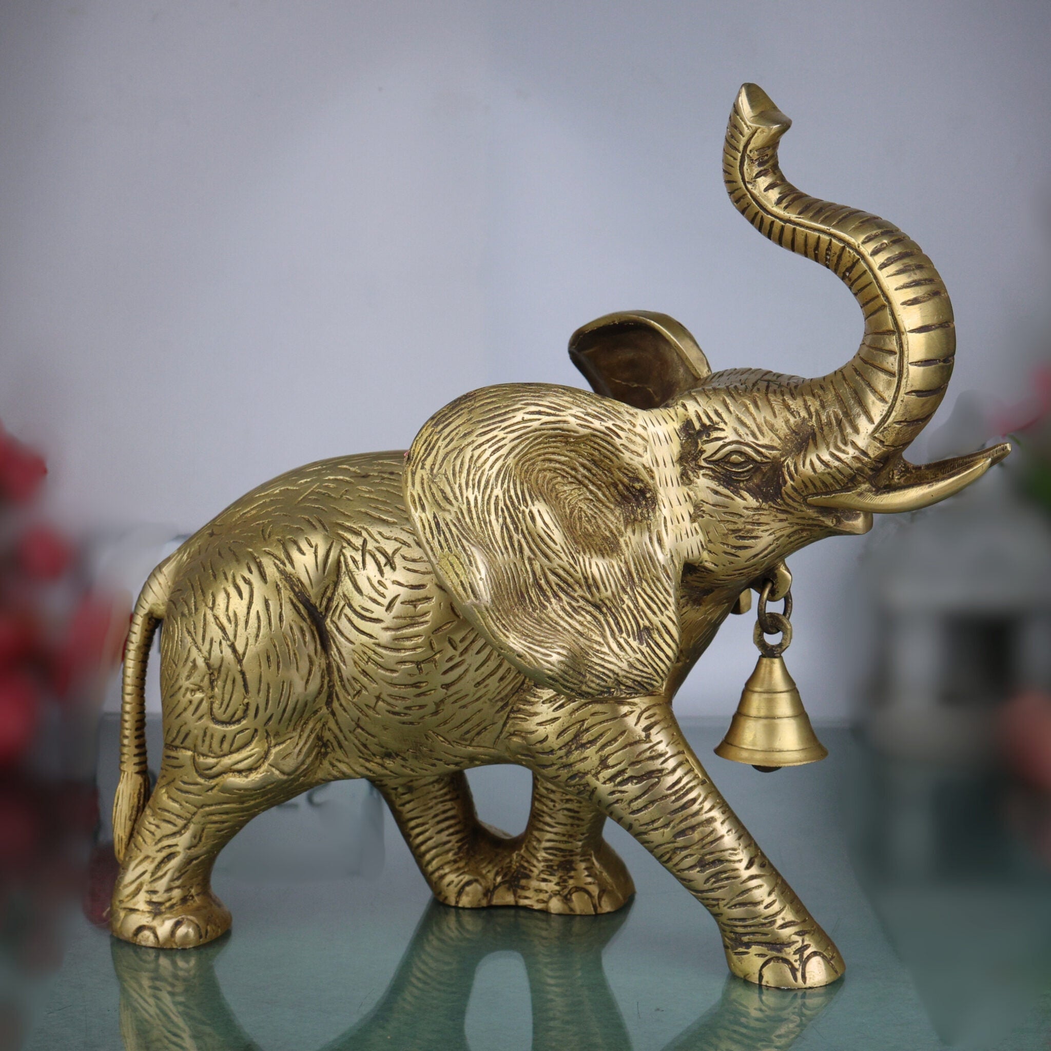 Brass Elephant Idol | Handmade Aane,Hathi Spiritual Sculpture | Home & Temple Decor, Gold, 11 Inch, 1 Piece