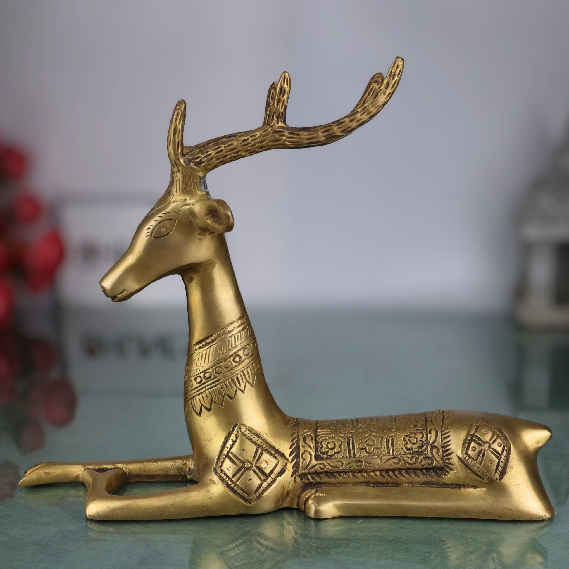 Brass Deer Idol | Handmade Spiritual Sculpture | Home & Temple Decor, Gold, 8.5 Inch, 1 Piece