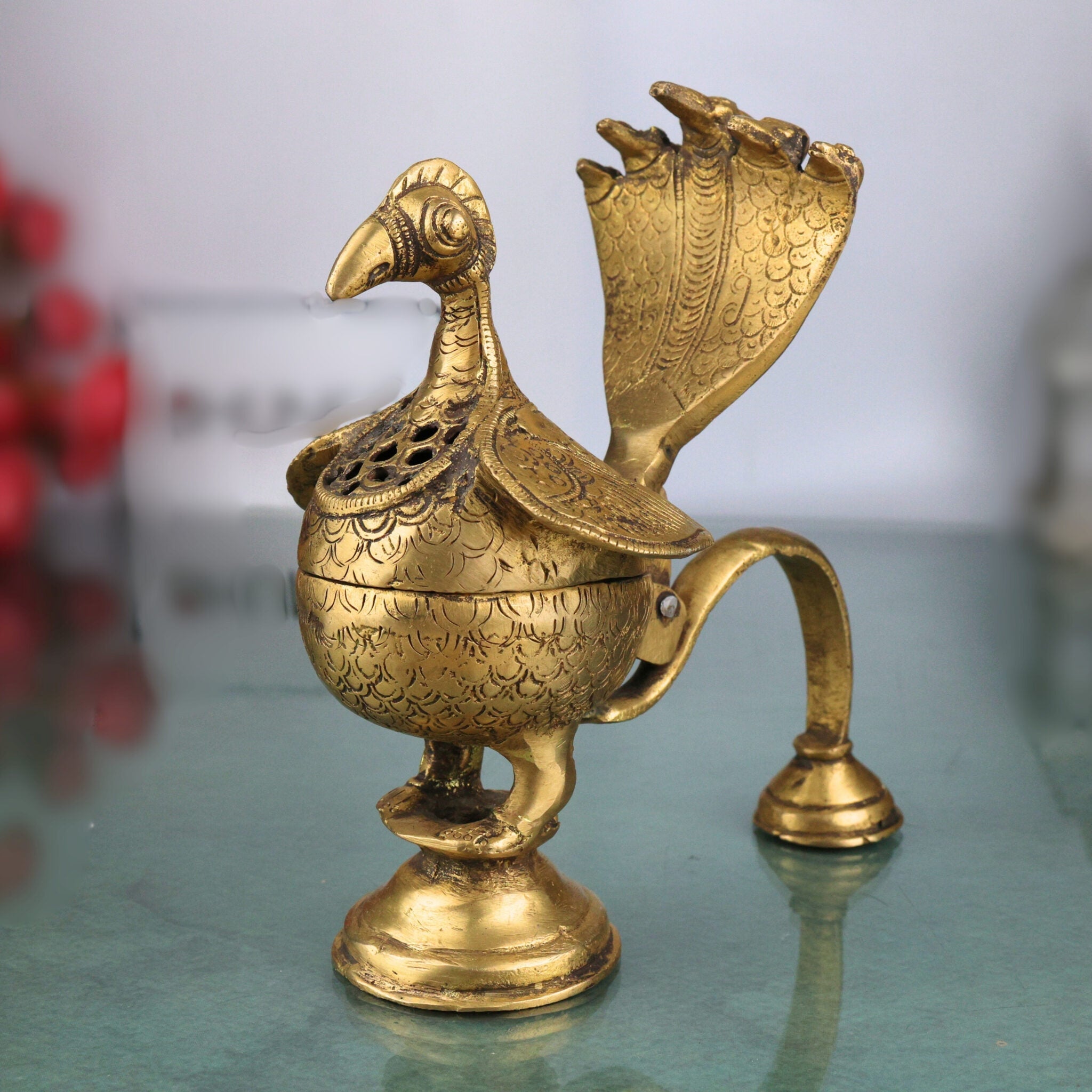 Brass Peacock Dhoopdani, Handcrafted Incense burner, Loban burner home Purifying, Gold, 6.5 Inch, 1 Piece