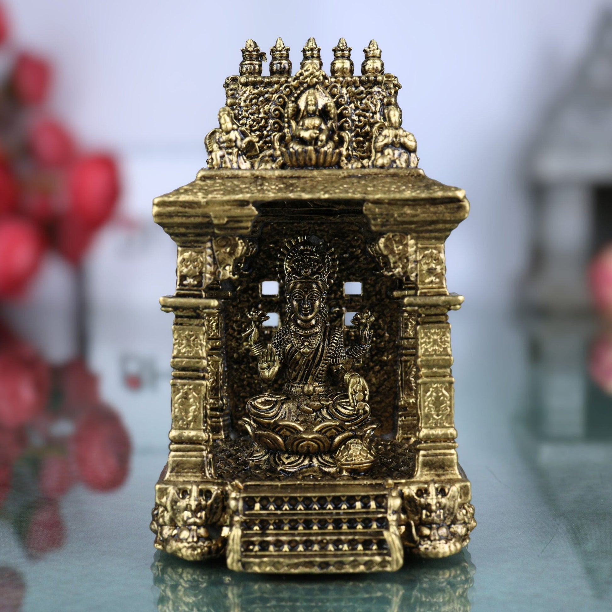 Brass Lakshmi Idol | Shri Lakshmi Murti with Temple | Maha Laxmi Statue | Pooja Decor, Gold, 3 Inch, 1 Piece