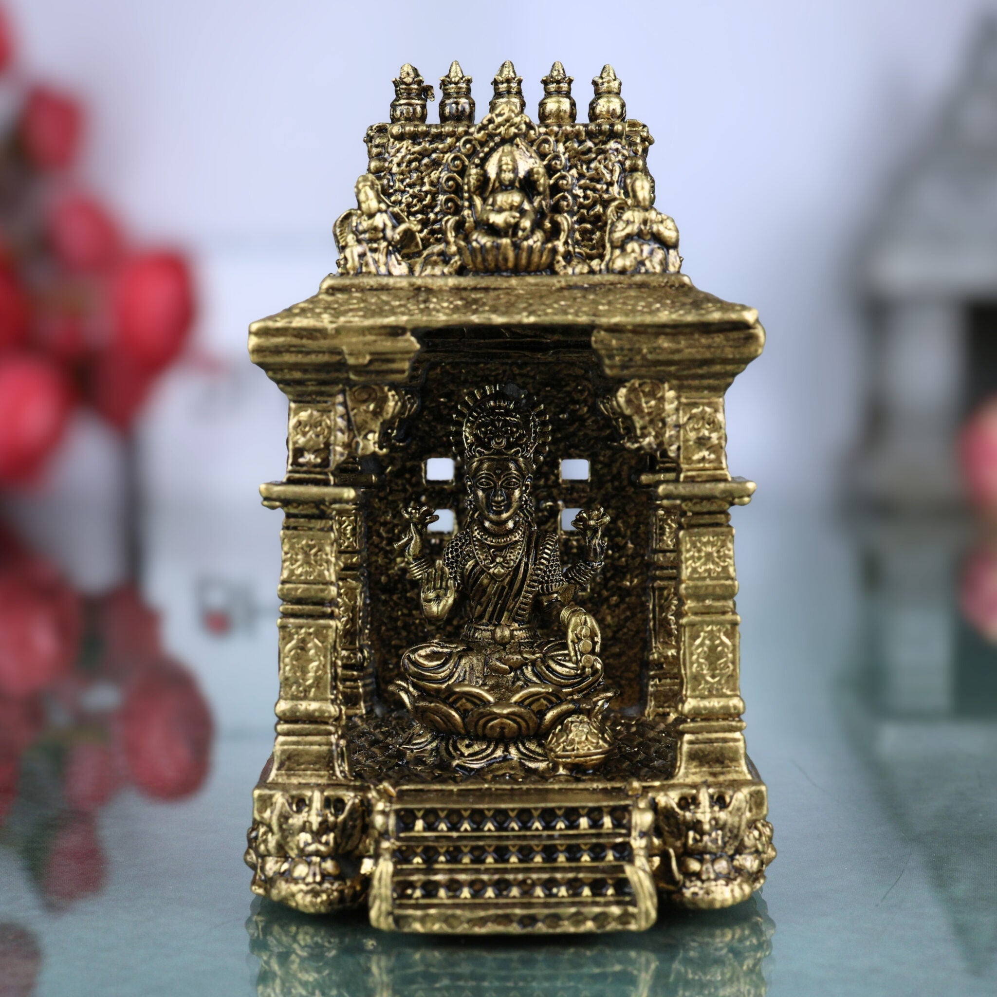 Brass Lakshmi Idol | Shri Lakshmi Murti with Temple | Maha Laxmi Statue | Pooja Decor, Gold, 3 Inch, 1 Piece