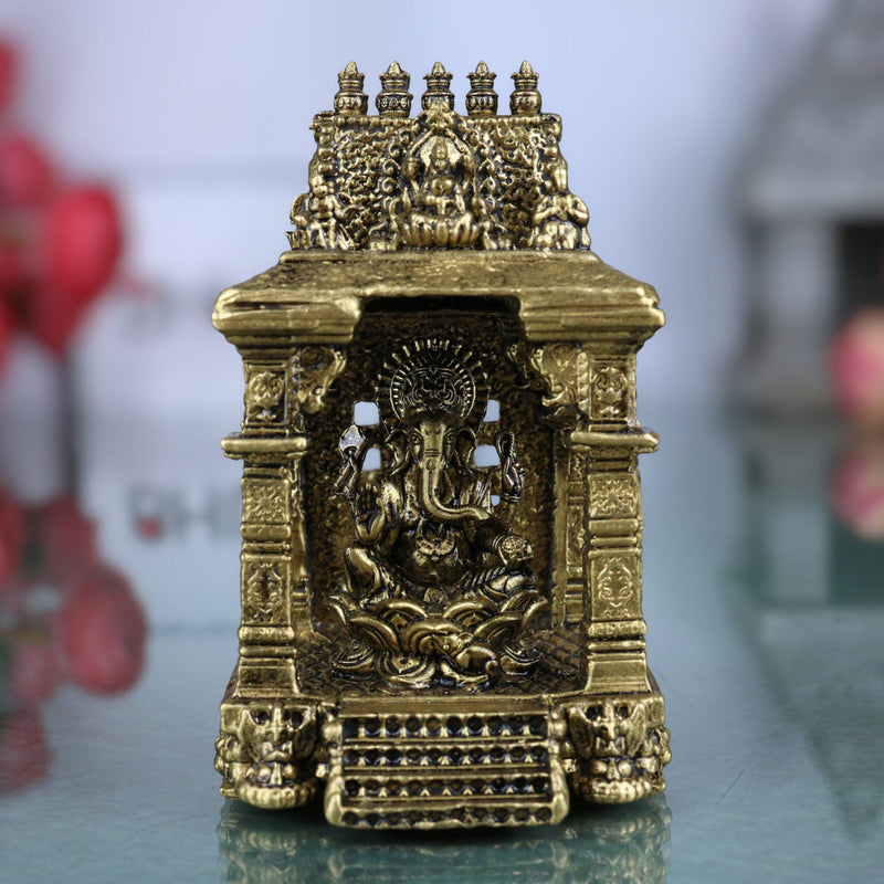Brass Ganesh with Temple Idol, Siddhivinayak / Vinayaka Murti for Pooja, Home Decor, Temple, Festival & Gifts, Gold, 3 Inch, 1 Piece