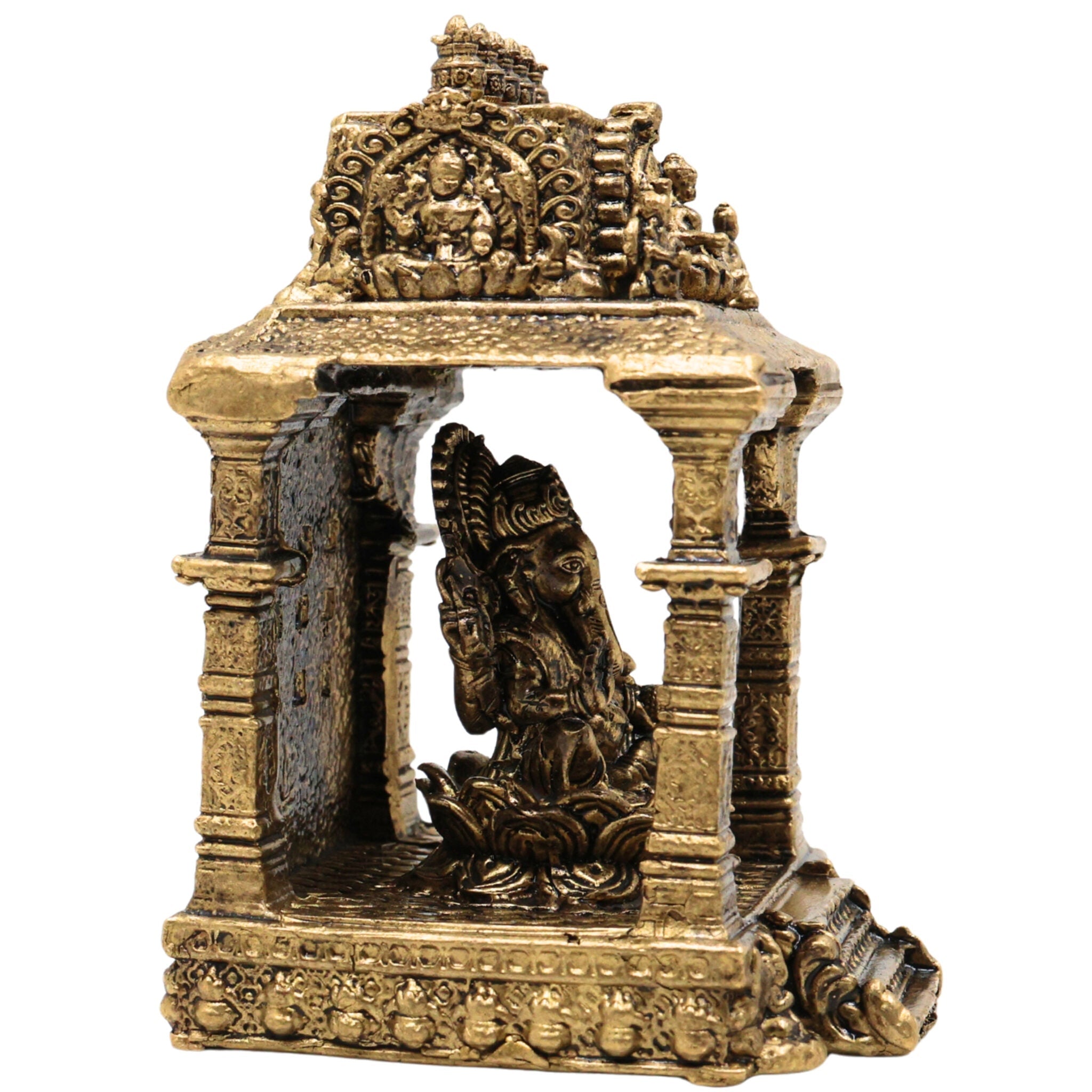 Brass Ganesh with Temple Idol, Siddhivinayak / Vinayaka Murti for Pooja, Home Decor, Temple, Festival & Gifts, Gold, 3 Inch, 1 Piece