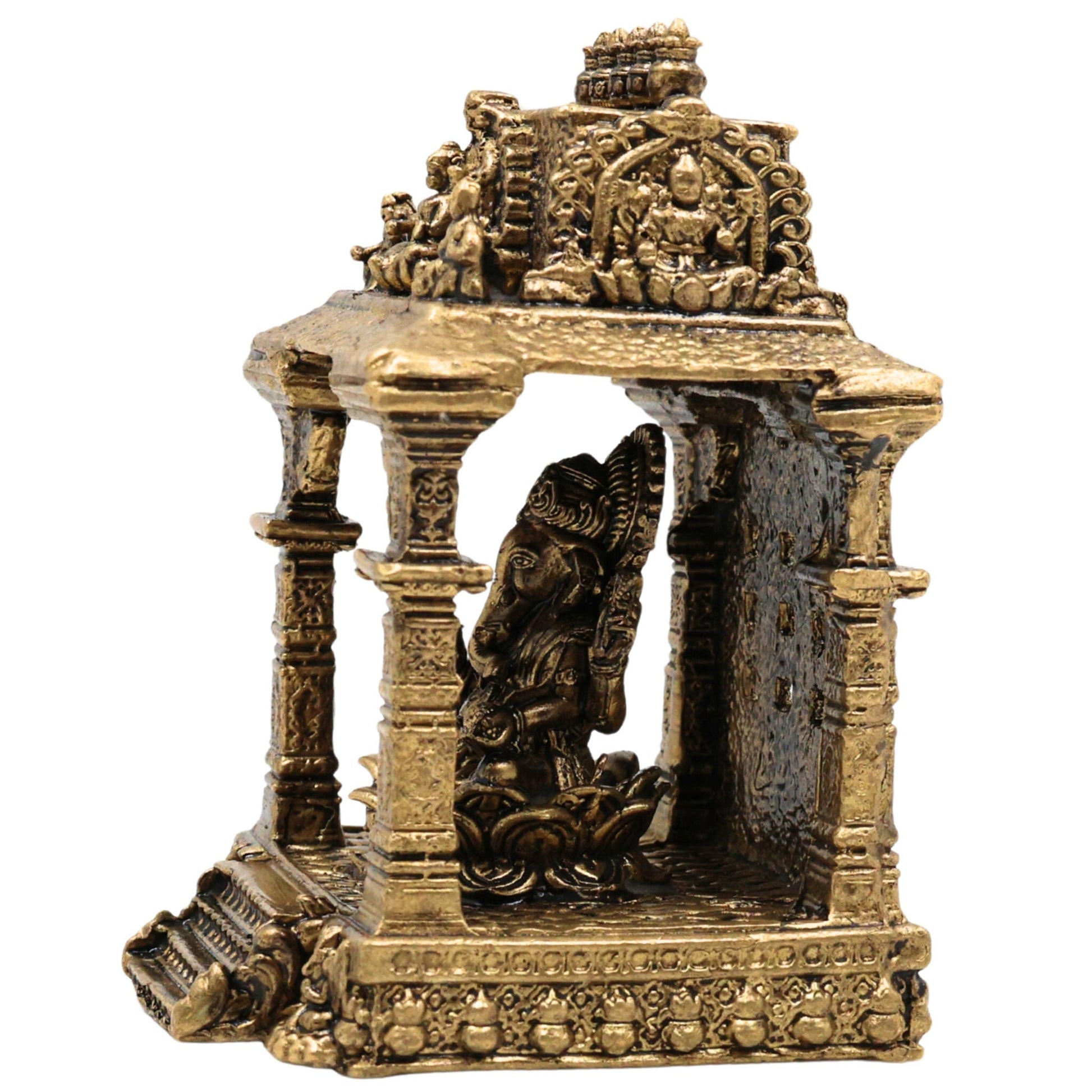 Brass Ganesh with Temple Idol, Siddhivinayak / Vinayaka Murti for Pooja, Home Decor, Temple, Festival & Gifts, Gold, 3 Inch, 1 Piece