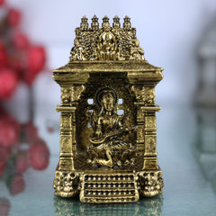 Brass Saraswati Idol, Handcrafted Sharada Murti with Temple, Veena Dhari Saraswati Pratima, Wisdom Goddess Statue, Home Decor & Pooja Showpiece, Gold, 3 Inch, 1 Piece