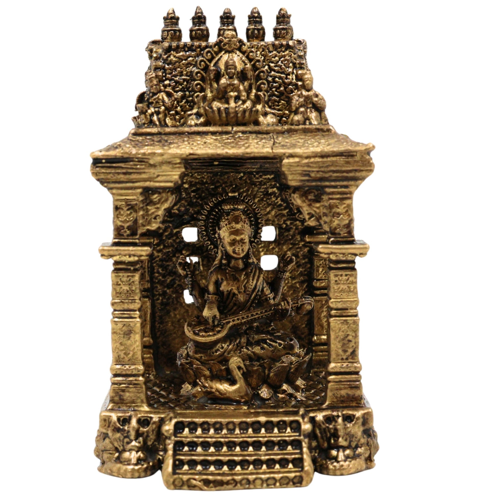 Brass Saraswati Idol, Handcrafted Sharada Murti with Temple, Veena Dhari Saraswati Pratima, Wisdom Goddess Statue, Home Decor & Pooja Showpiece, Gold, 3 Inch, 1 Piece