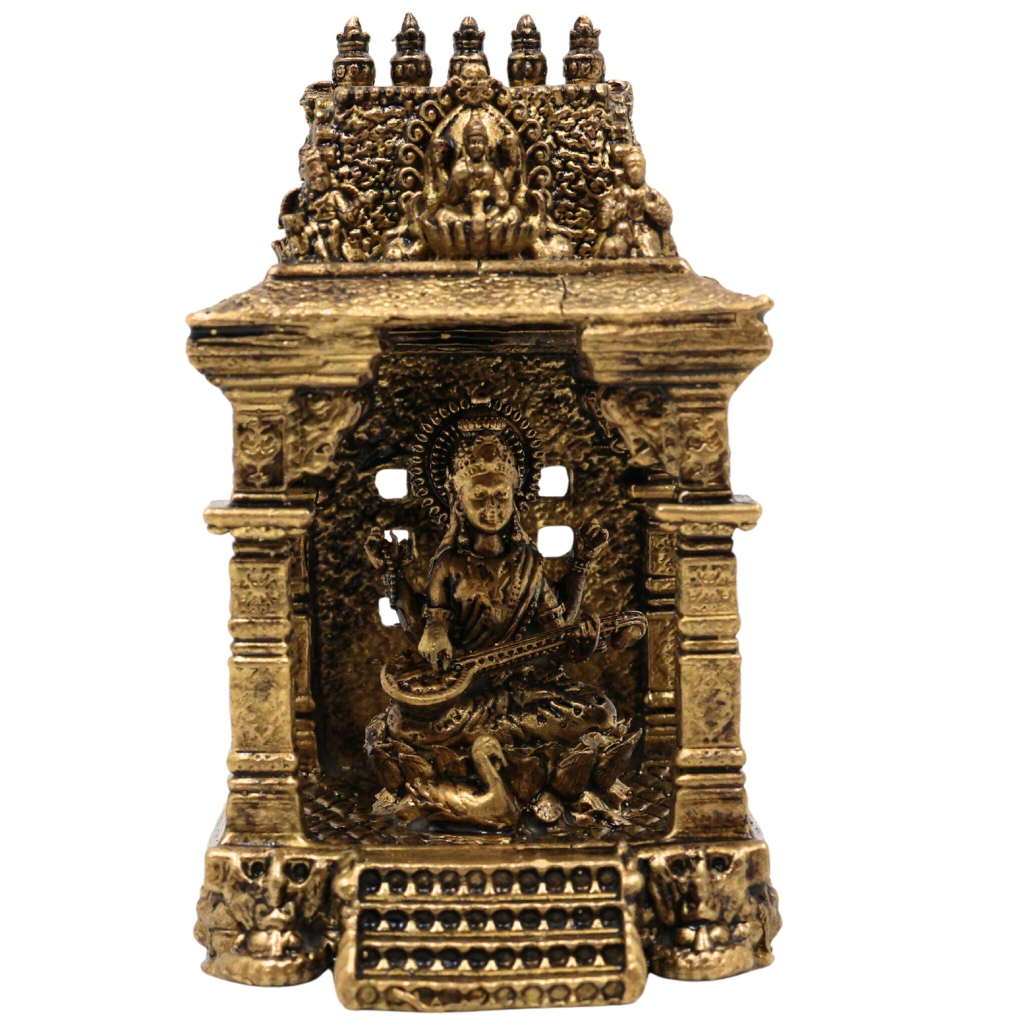 Brass Saraswati Idol, Handcrafted Sharada Murti with Temple, Veena Dhari Saraswati Pratima, Wisdom Goddess Statue, Home Decor & Pooja Showpiece, Gold, 3 Inch, 1 Piece