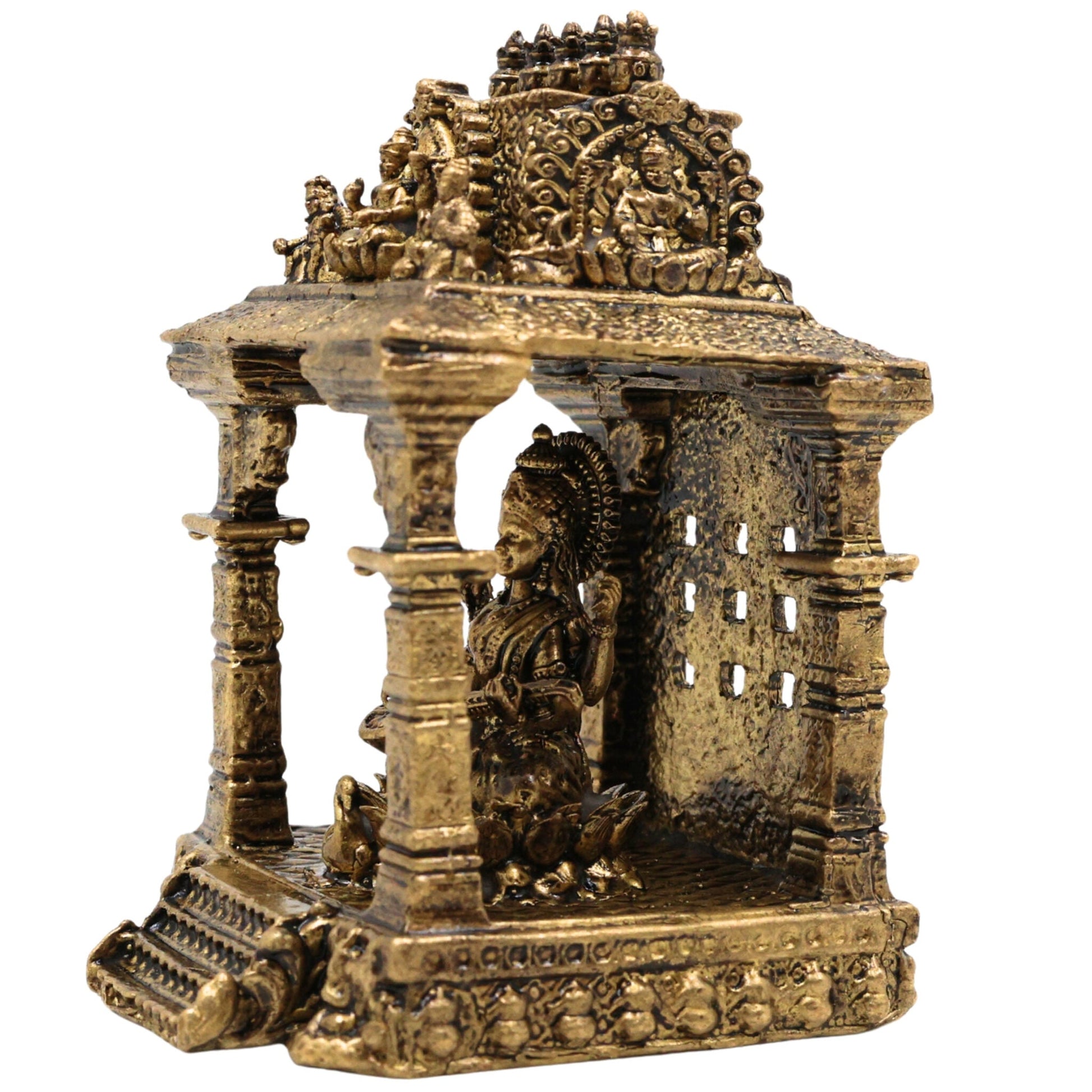Brass Saraswati Idol, Handcrafted Sharada Murti with Temple, Veena Dhari Saraswati Pratima, Wisdom Goddess Statue, Home Decor & Pooja Showpiece, Gold, 3 Inch, 1 Piece