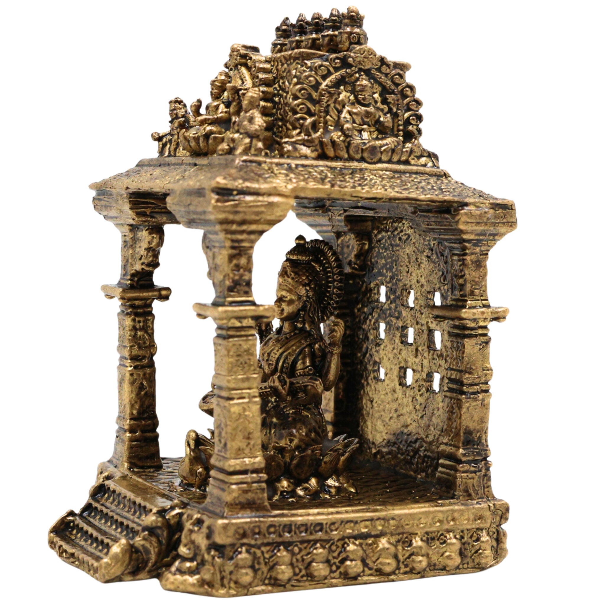 Brass Saraswati Idol, Handcrafted Sharada Murti with Temple, Veena Dhari Saraswati Pratima, Wisdom Goddess Statue, Home Decor & Pooja Showpiece, Gold, 3 Inch, 1 Piece