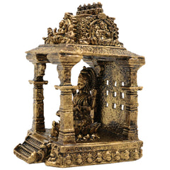 Brass Saraswati Idol, Handcrafted Sharada Murti with Temple, Veena Dhari Saraswati Pratima, Wisdom Goddess Statue, Home Decor & Pooja Showpiece, Gold, 3 Inch, 1 Piece