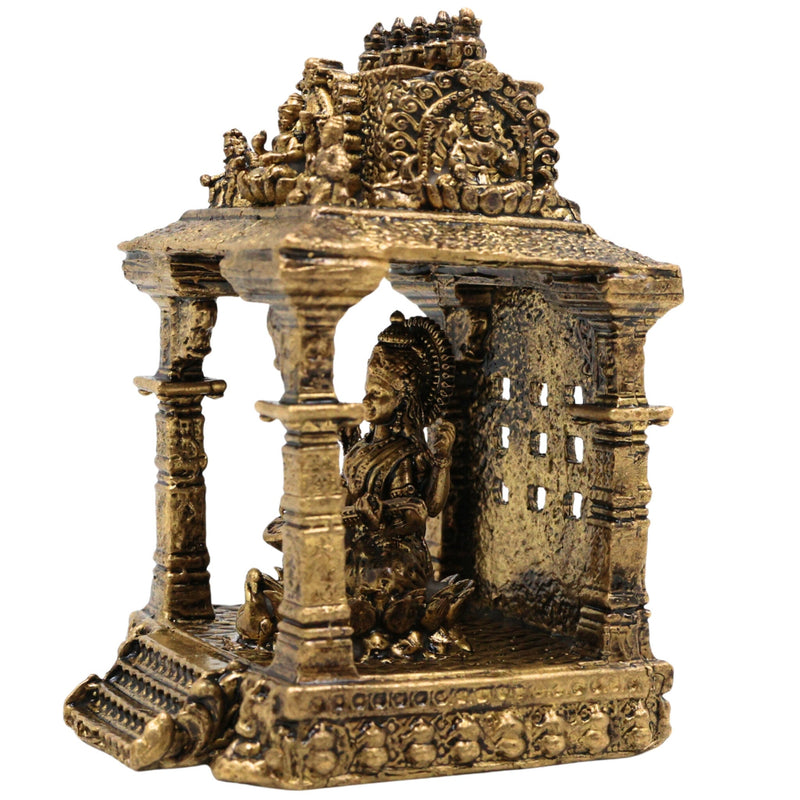 Brass Saraswati Idol, Handcrafted Sharada Murti with Temple, Veena Dhari Saraswati Pratima, Wisdom Goddess Statue, Home Decor & Pooja Showpiece, Gold, 3 Inch, 1 Piece