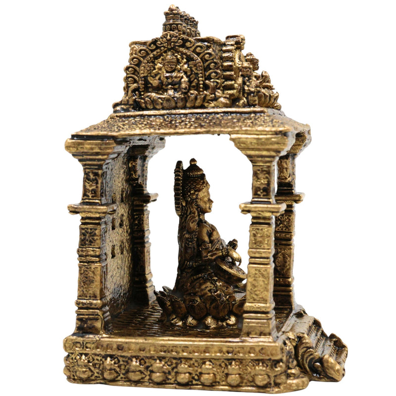 Brass Saraswati Idol, Handcrafted Sharada Murti with Temple, Veena Dhari Saraswati Pratima, Wisdom Goddess Statue, Home Decor & Pooja Showpiece, Gold, 3 Inch, 1 Piece