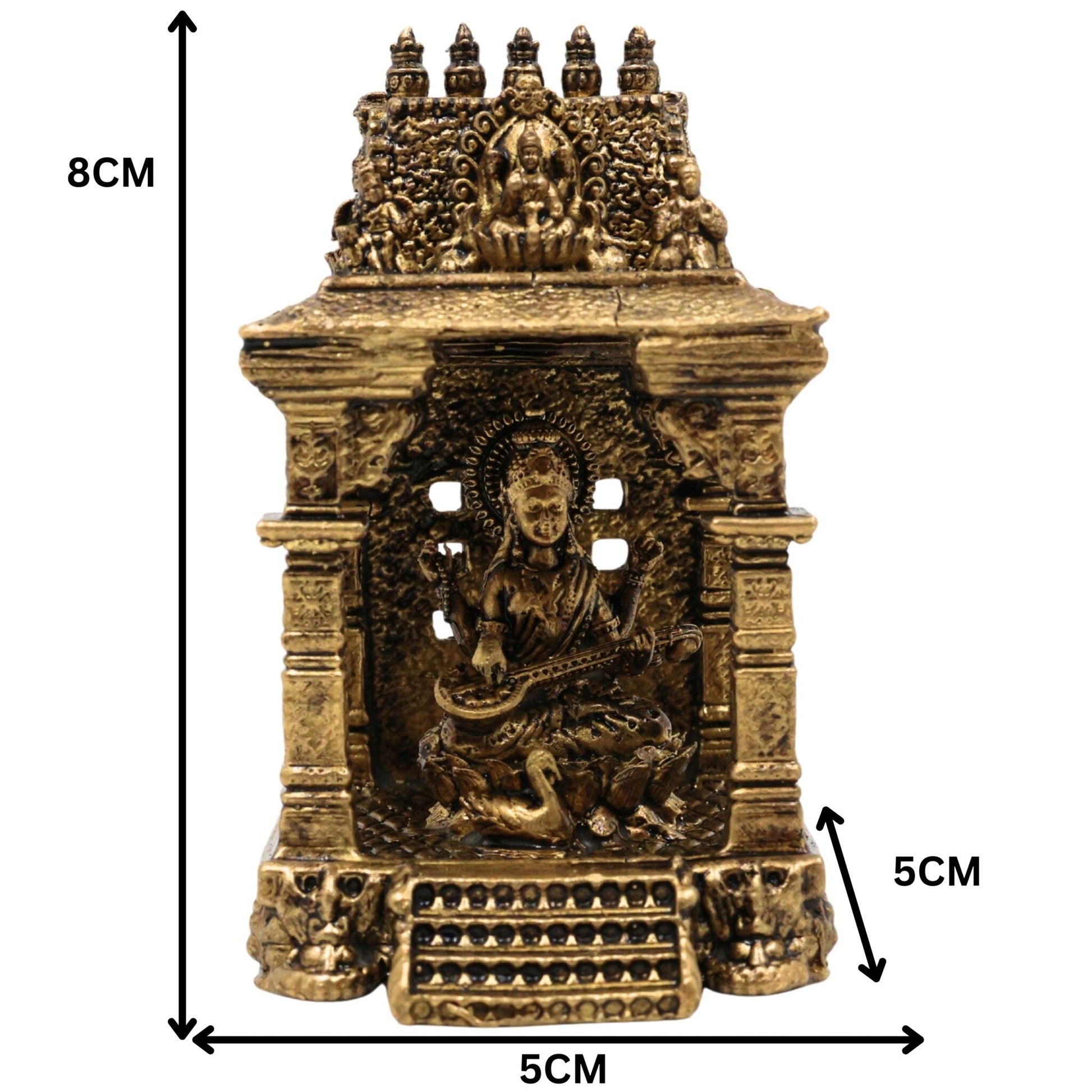 Brass Saraswati Idol, Handcrafted Sharada Murti with Temple, Veena Dhari Saraswati Pratima, Wisdom Goddess Statue, Home Decor & Pooja Showpiece, Gold, 3 Inch, 1 Piece