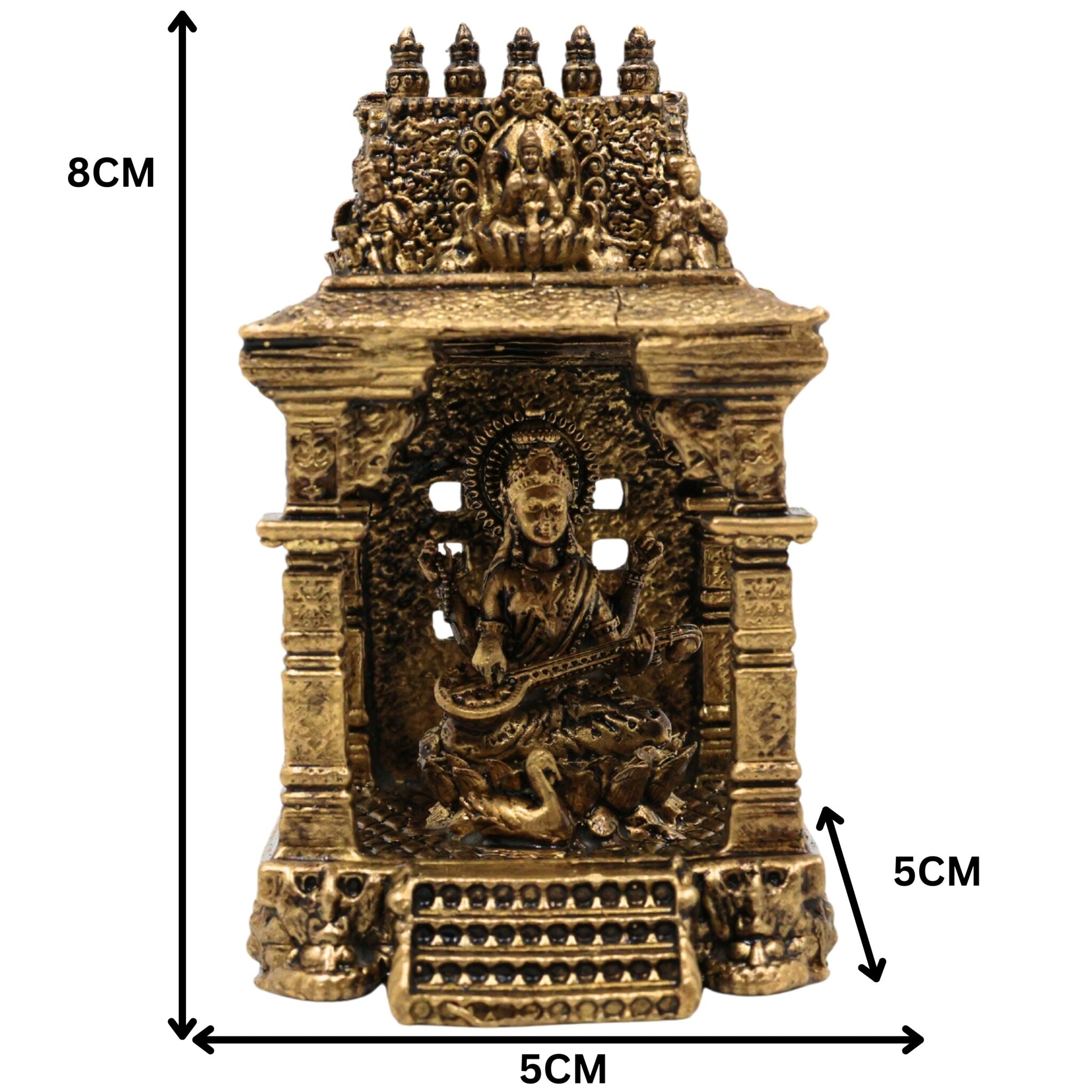 Brass Saraswati Idol, Handcrafted Sharada Murti with Temple, Veena Dhari Saraswati Pratima, Wisdom Goddess Statue, Home Decor & Pooja Showpiece, Gold, 3 Inch, 1 Piece