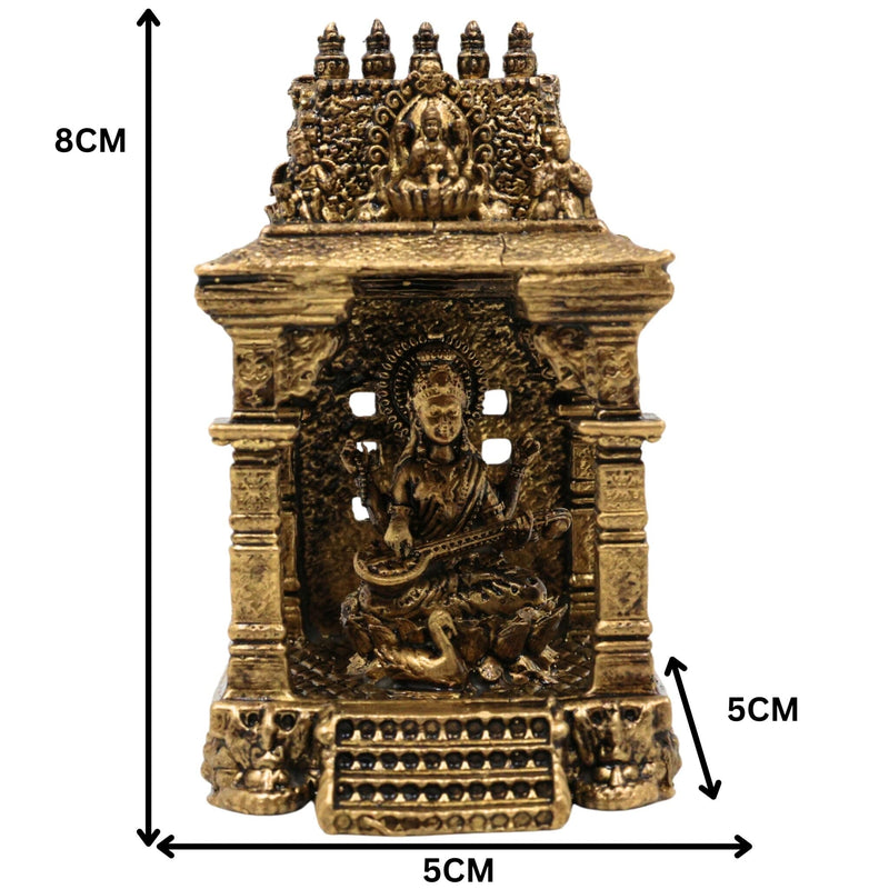 Brass Saraswati Idol, Handcrafted Sharada Murti with Temple, Veena Dhari Saraswati Pratima, Wisdom Goddess Statue, Home Decor & Pooja Showpiece, Gold, 3 Inch, 1 Piece