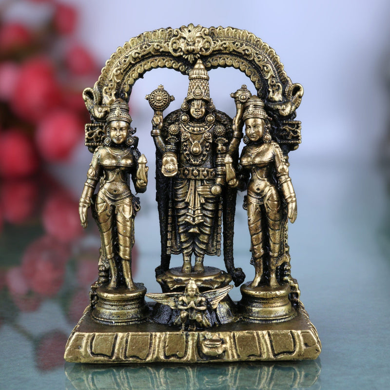 Brass Vishnu Sridevi Bhudevi Idol | Lord Narayana Murti | Sri Vishnu Lakshmi Bhudevi Statue for Pooja & Home Decor, Gold, 3 Inch, 1 Piece