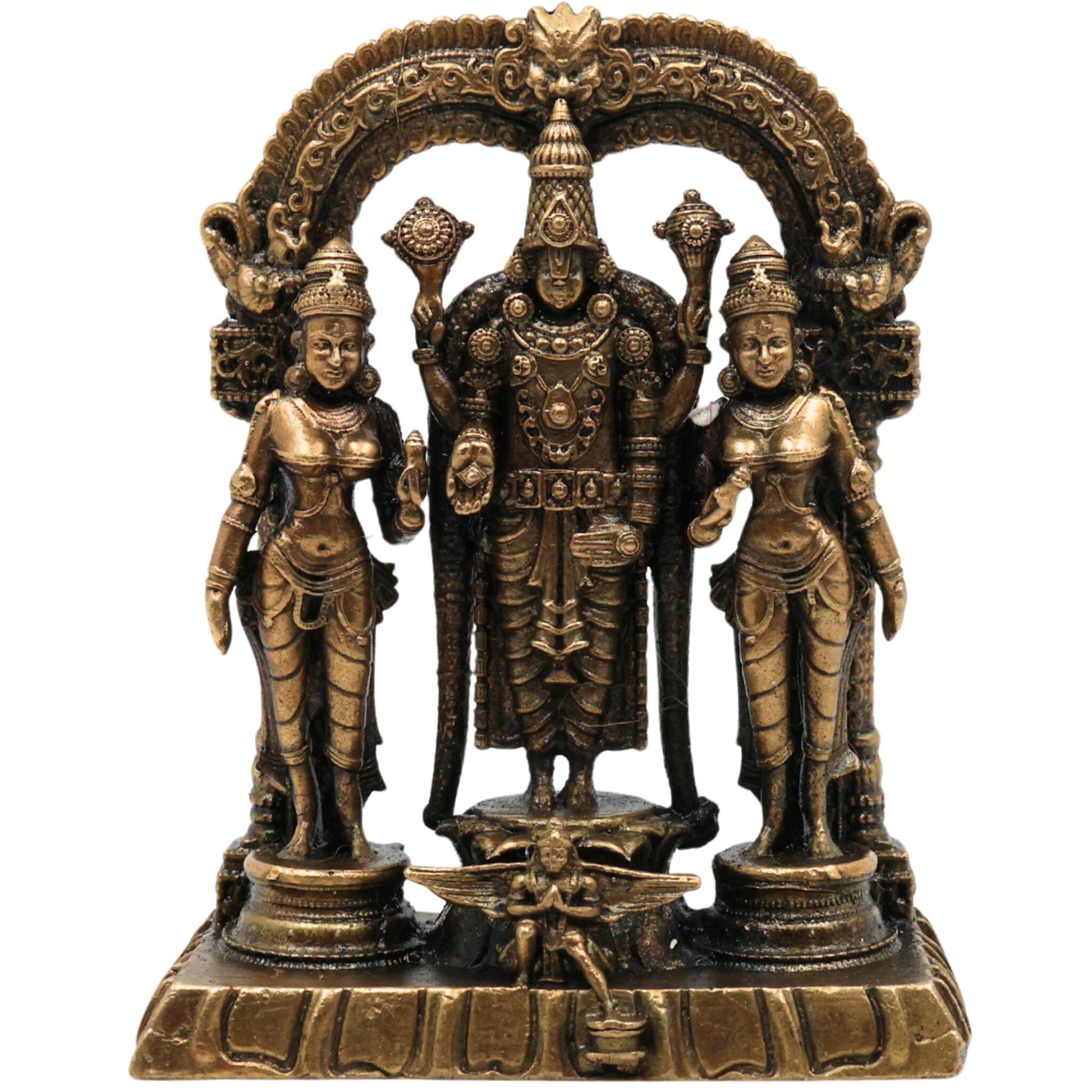 Brass Vishnu Sridevi Bhudevi Idol | Lord Narayana Murti | Sri Vishnu Lakshmi Bhudevi Statue for Pooja & Home Decor, Gold, 3 Inch, 1 Piece