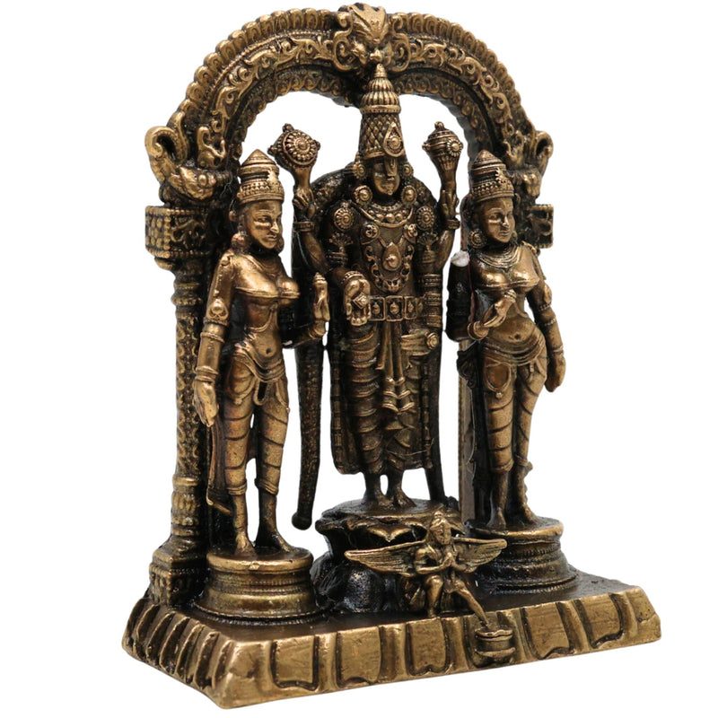 Brass Vishnu Sridevi Bhudevi Idol | Lord Narayana Murti | Sri Vishnu Lakshmi Bhudevi Statue for Pooja & Home Decor, Gold, 3 Inch, 1 Piece