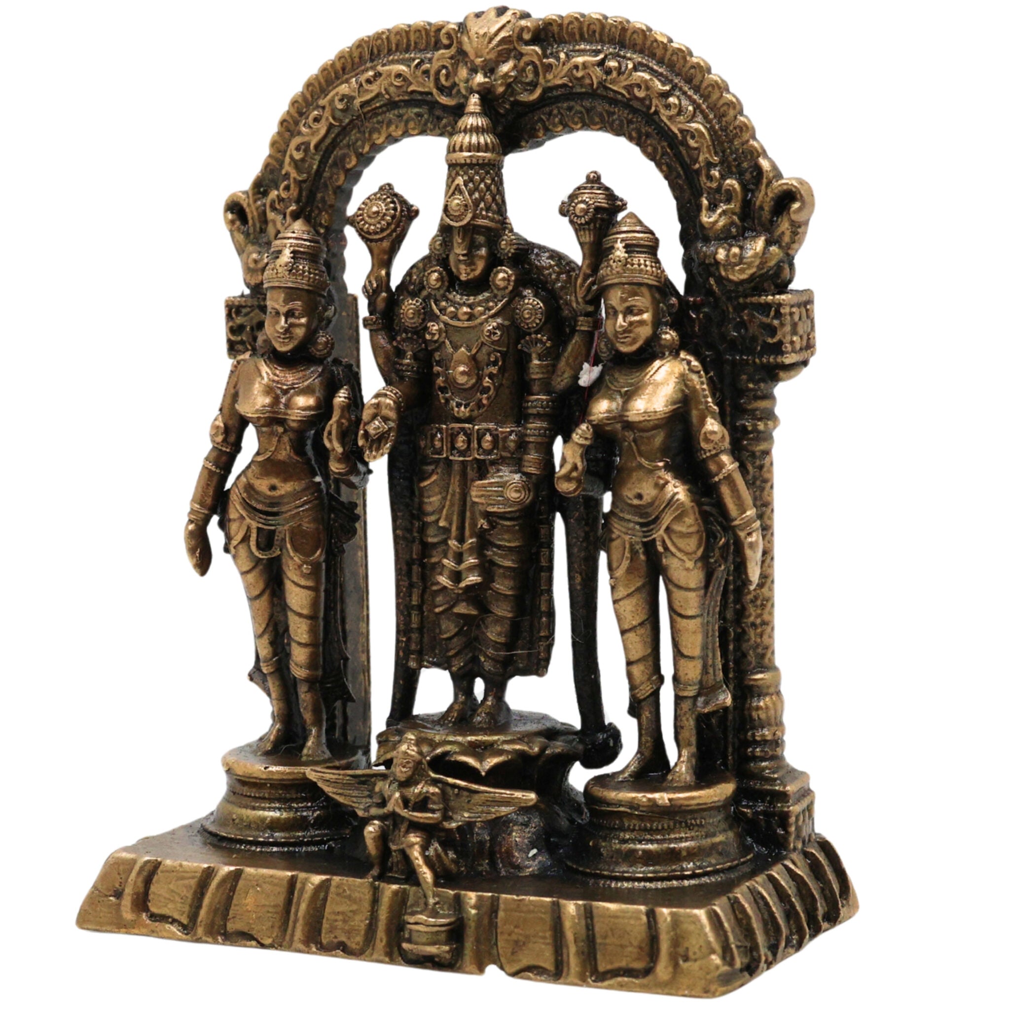 Brass Vishnu Sridevi Bhudevi Idol | Lord Narayana Murti | Sri Vishnu Lakshmi Bhudevi Statue for Pooja & Home Decor, Gold, 3 Inch, 1 Piece
