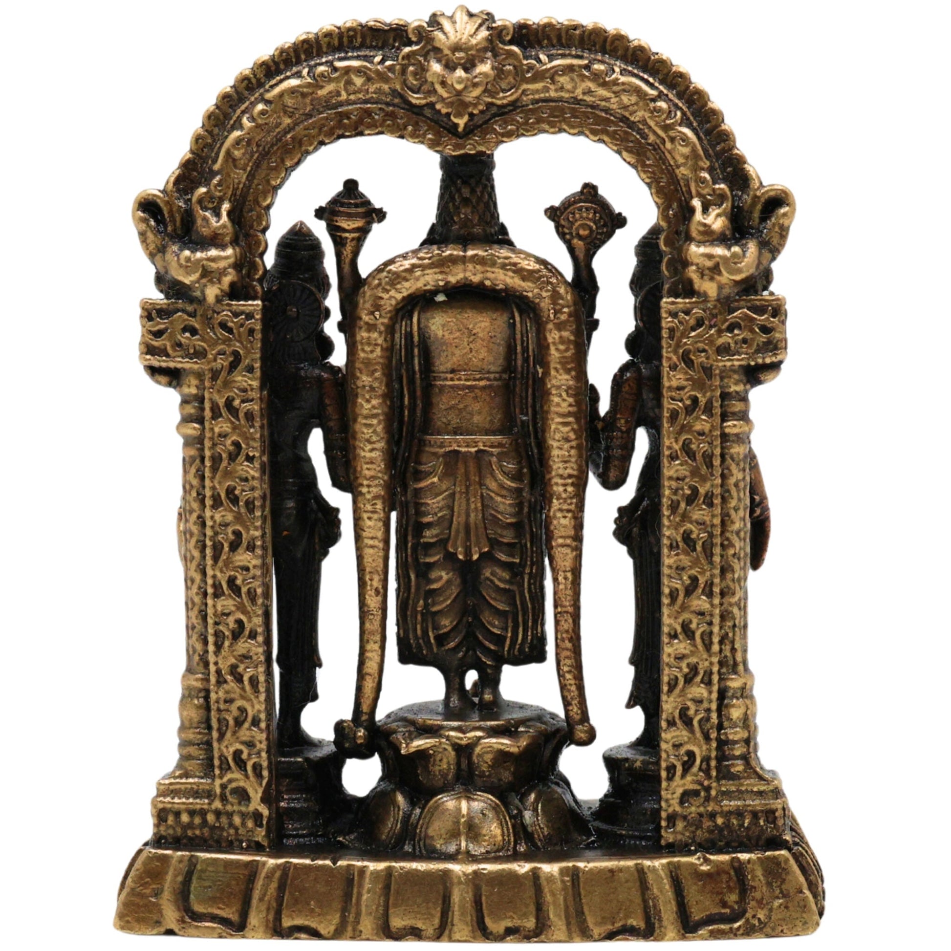 Brass Vishnu Sridevi Bhudevi Idol | Lord Narayana Murti | Sri Vishnu Lakshmi Bhudevi Statue for Pooja & Home Decor, Gold, 3 Inch, 1 Piece