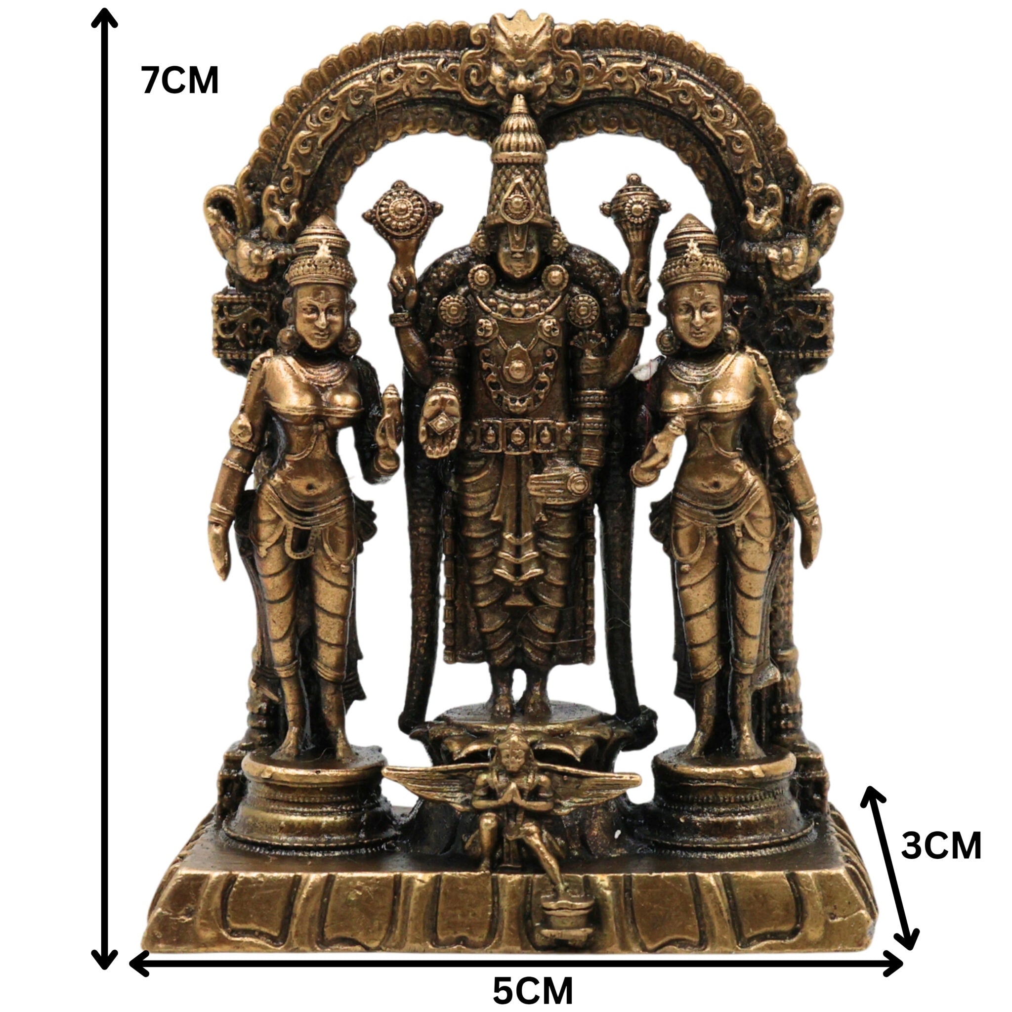 Brass Vishnu Sridevi Bhudevi Idol | Lord Narayana Murti | Sri Vishnu Lakshmi Bhudevi Statue for Pooja & Home Decor, Gold, 3 Inch, 1 Piece