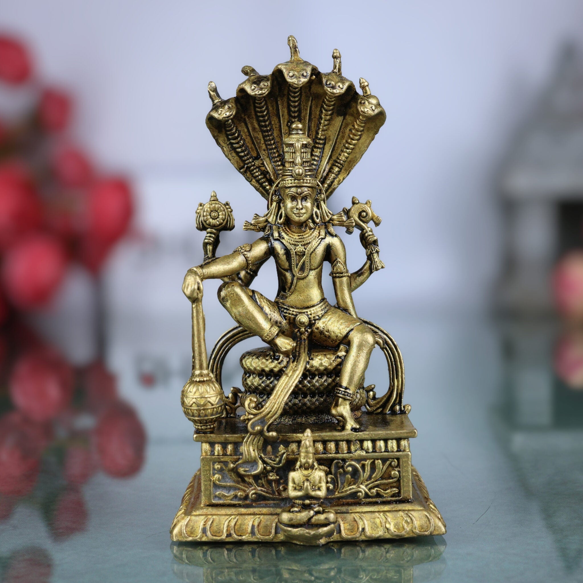 Brass Vishnu on Sheshnag Idol, Ananta Shayana, Adisesha Vishnu, Sheshashayi Murti, Padmanabha Ananta Statue for Pooja & Home Decor, Gold, 3 Inch, 1 Piece