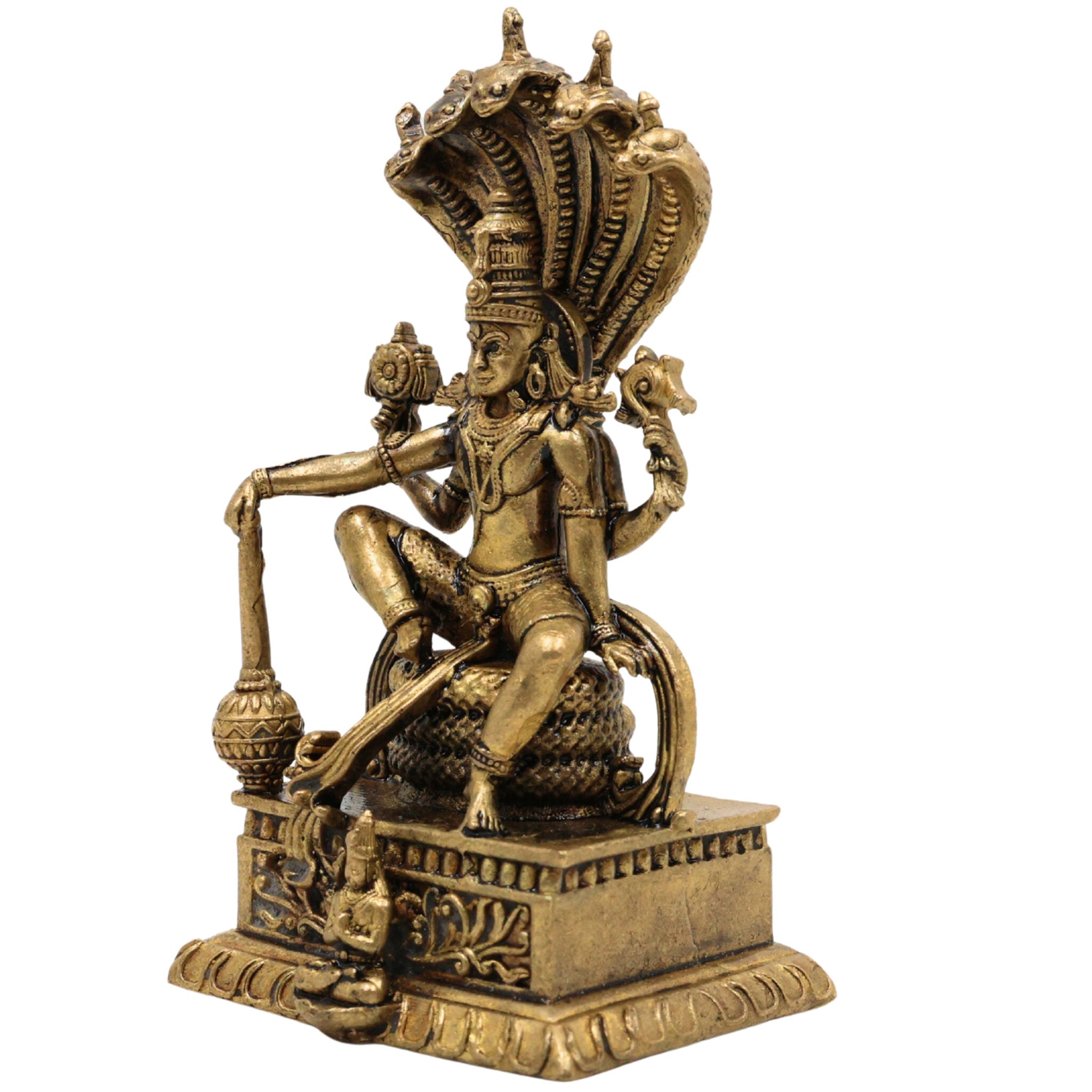 Brass Vishnu on Sheshnag Idol, Ananta Shayana, Adisesha Vishnu, Sheshashayi Murti, Padmanabha Ananta Statue for Pooja & Home Decor, Gold, 3 Inch, 1 Piece
